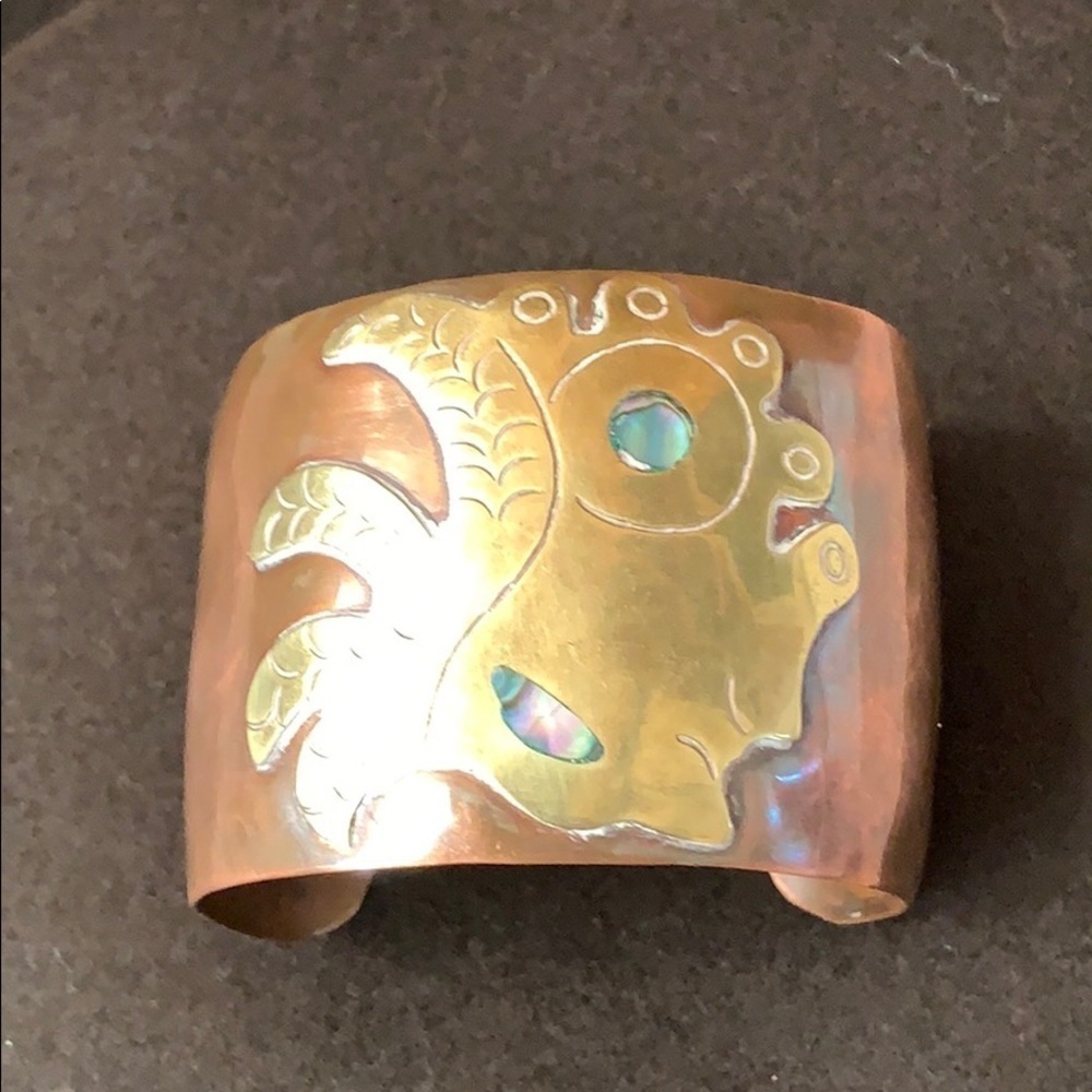 Vintage Copper Abalone Brass Inlay Cuff Bracelet